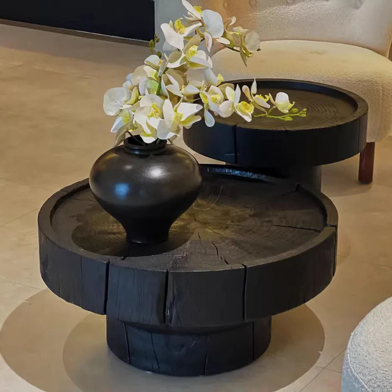 Black carbonized wooden pier coffee table log tree stump solid wood creative homestay wooden pile designer japanese style round