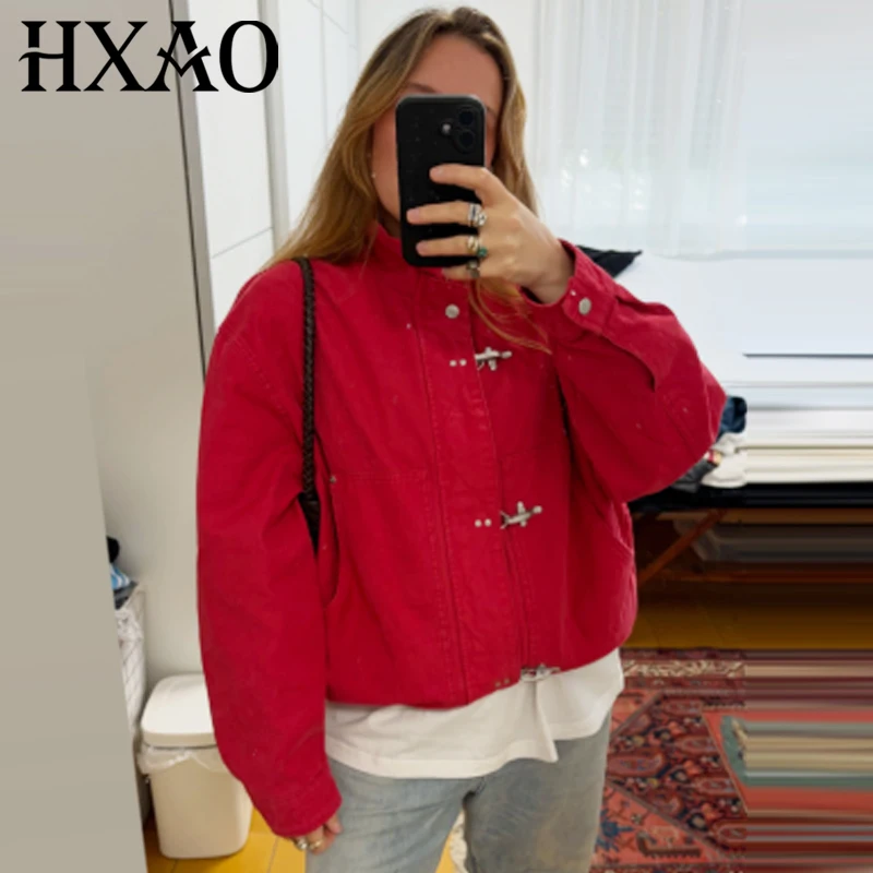 HXAO Red Loose Cropped Coat Women's Jacket Autumn 2026 Fashion Unisex Button Zip O-Neck Long Sleeve Tops Streetwear Outerwears