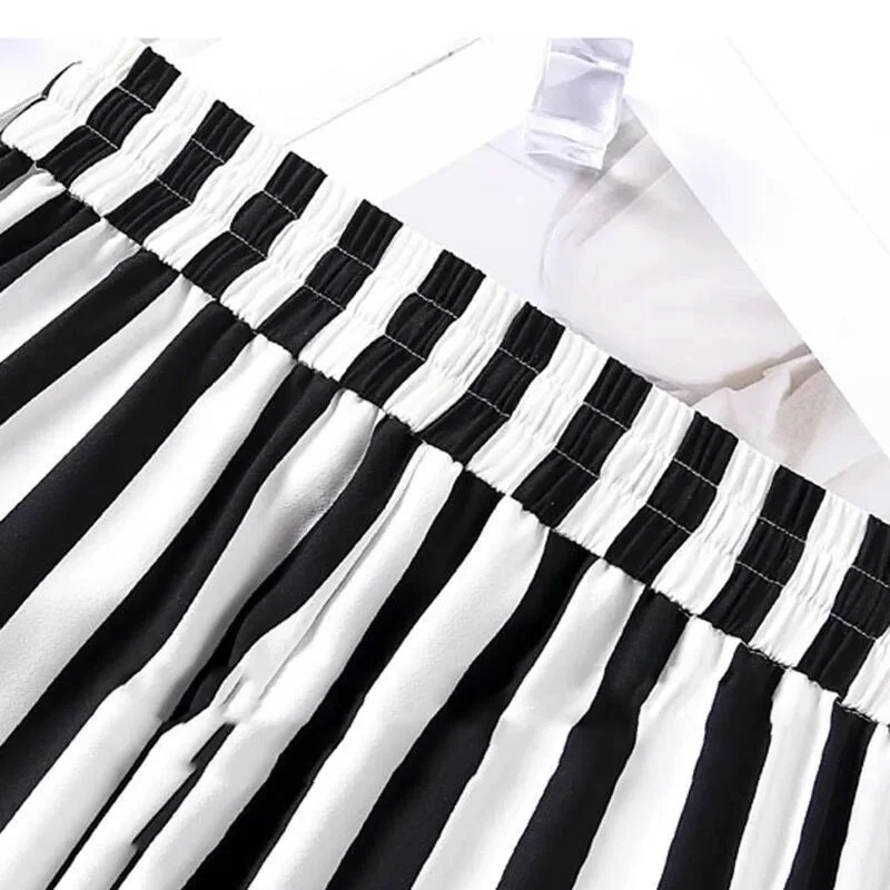 Summer New Women\'s Color Block High Waist Black and White Vertical Stripes Fashion Versatile Draping Loose Straight Leg Pants