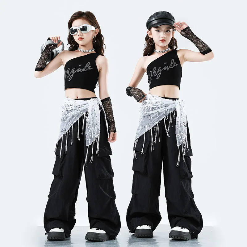 

Kid Hip Hop Clothing Black One Shoulder Crop Tank Top Stoned Sleeves Casual Parachute Cargo Pants for Girl Dance Costume Clothes