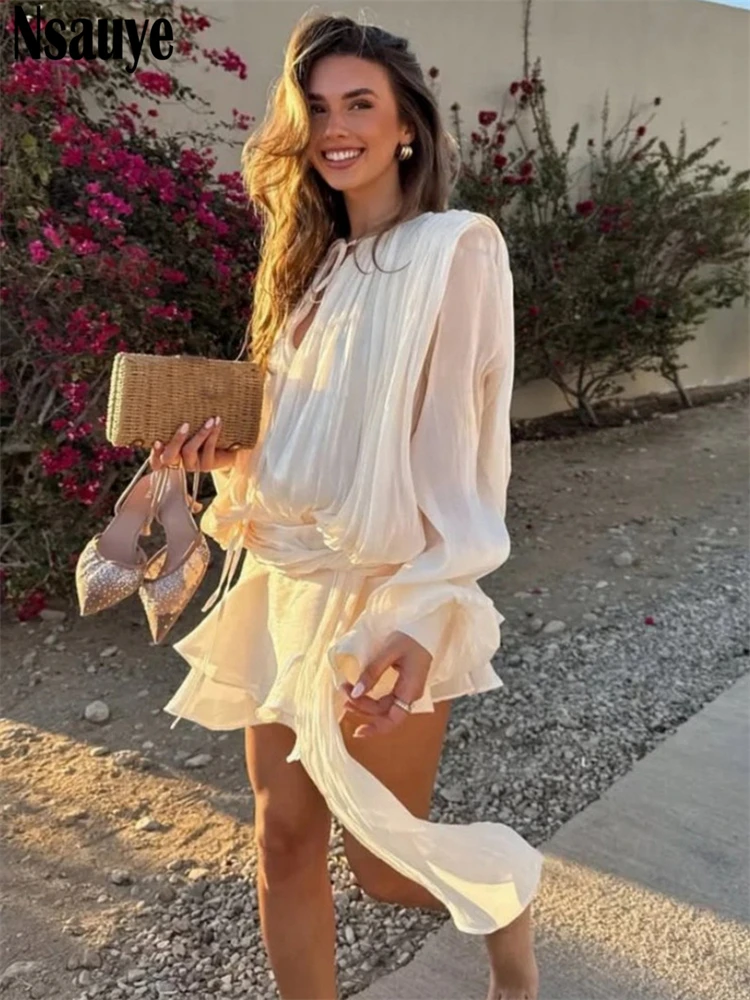 

Nsauye Summer Fashion Elegant Women Sexy Blouse Shirt Tops Long Sleeve Club Ruffles Shorts Two Piece Set Tracksuit Outfits 2025