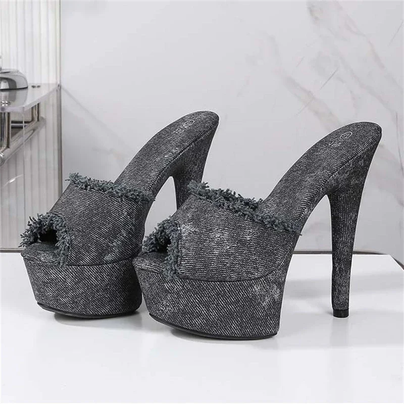 Aneikeh ฤดูร้อนแพลตฟอร์มรองเท้าแตะรองเท้าแตะผู้หญิง Super Thin รองเท้าส้นสูงรองเท้าเซ็กซี่ Designer DENIM จัดเลี้ยงสไลด์ Zapatos Mujer
