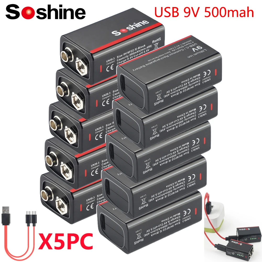 Soshine 9V USB Lithium-ion Rechargeable Battery 500mAh Low Self-discharge Li-ion Batteries 4-Year Shelf Life 4LED Power Display
