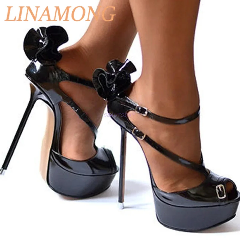 

Fish Mouth Bow Waterproof Table Pump Fashionable Temperament Black Belt Buckle Design Slim Heel Super High Heels Sandals