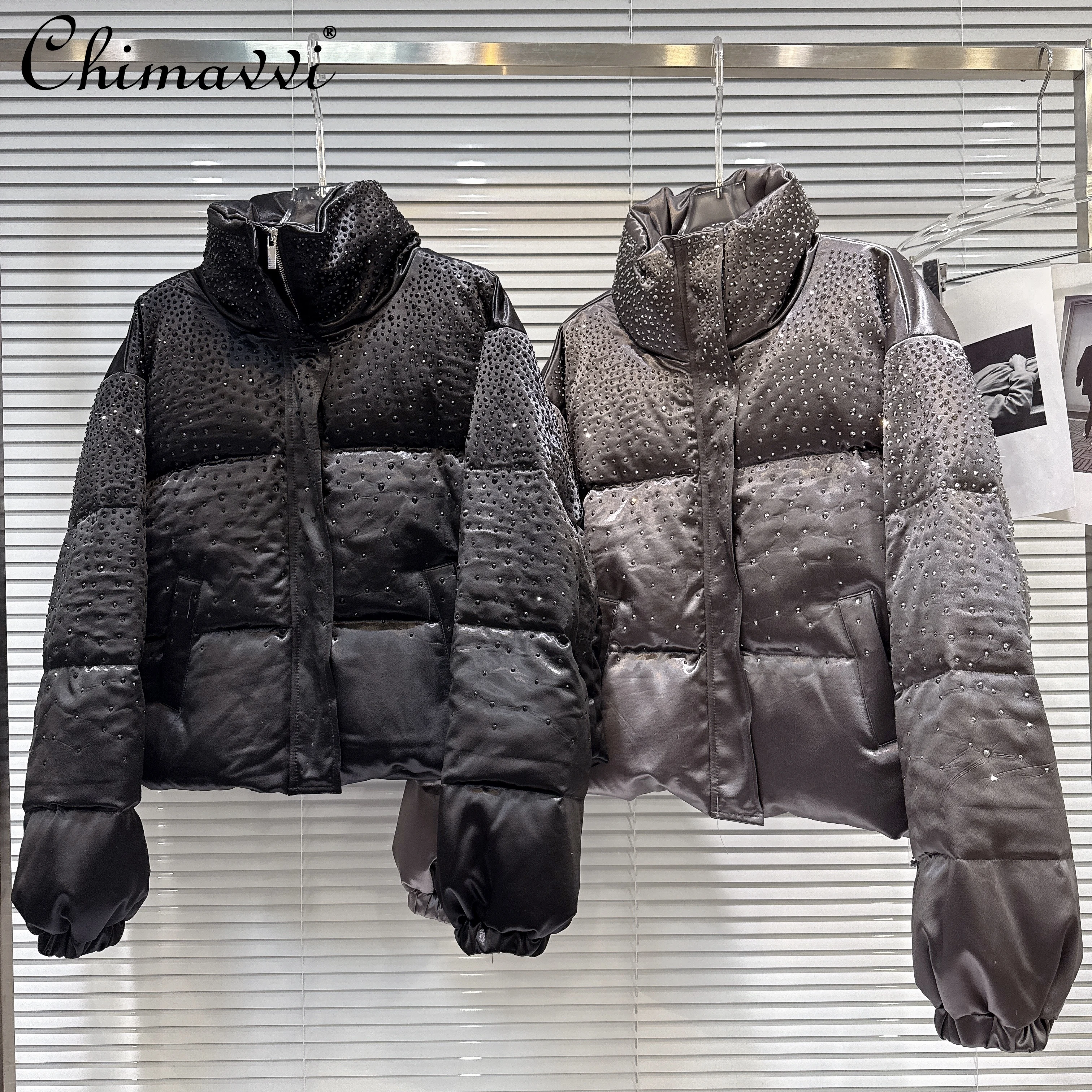 

2025 Winter Clothes New Street Style Hot Girl Rhinestone Sequin Satin Jacket Heavy Long Sleeve Loose Warm Cotton Coat Women