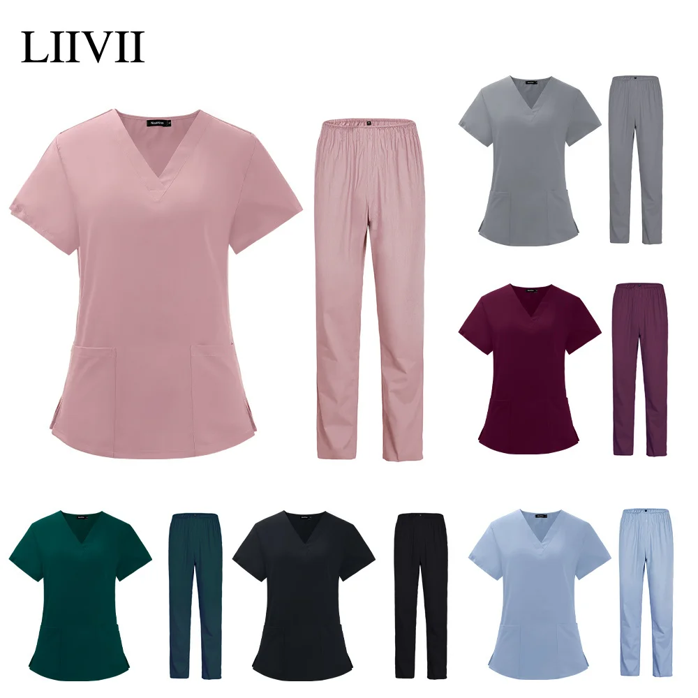 

Summer Pure Color Spandex Elastic Breathable Scrub Uniform Beauty Salon Nursing Uniform Lab Uniform Pet Shop Scrub Uniform