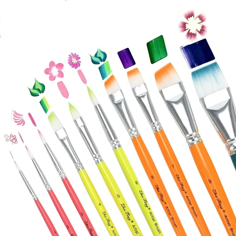 10Pcs Professional Face Paint Brush Set Multi‑Color Handles Assorted Sizes for Body Art Face Painting