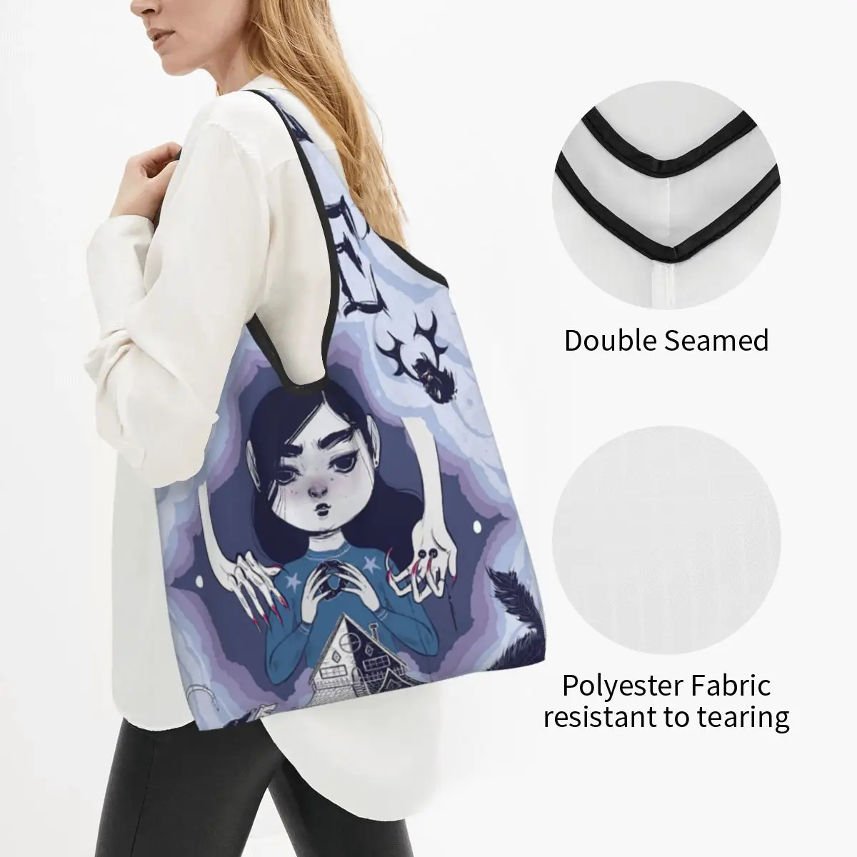 Custom Fashion Halloween Coraline Horror Movie Shopping Tote Bag Portable Groceries Shopper Shoulder Bag