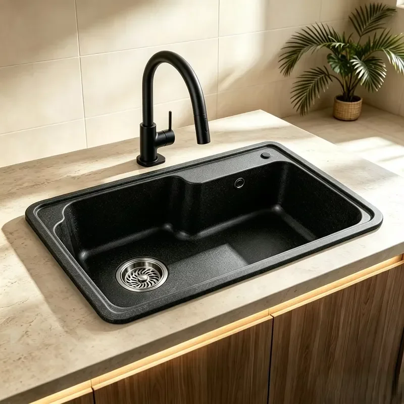 Modern Black Quartz Kitchen Sink Single Bowl Deep Basin Countertop Mount with Accessories Durable Stone Wash Station for Home