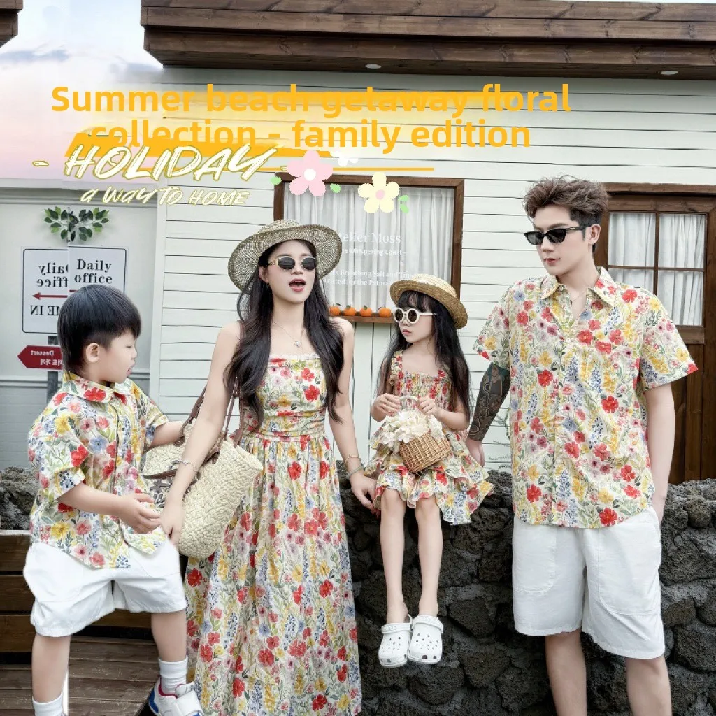 

2026 Summer Mommy and Me Floral Print Vacation Holiday Family Matching Outfit Casual Beach Dress & Shirt Set for Mom Dad Kids