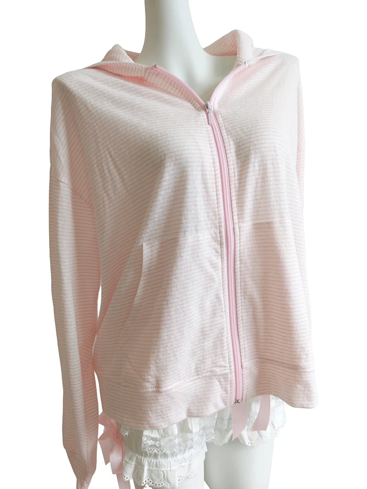 

Розовые полосатые кардиганы с капюшоном, женские летние осенние тонкие свободные вязаные топы, кавайная одежда