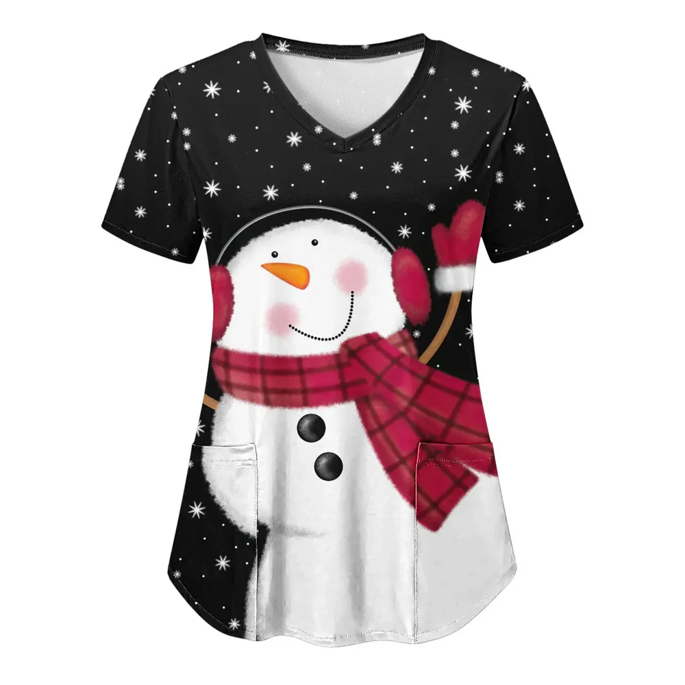 Christmas Nurse Uniform Women Xmas Snowflake Print Short Sleeve V Neck Overalls Tops Medical Working Uniforme Healthcare