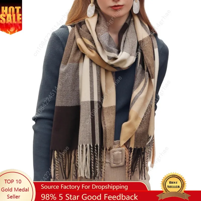 

Wander Agio Women's Fashion Scarves Long Cashmere Like Shawl Winter Warm Knit Large Tassel Plaid Scarf