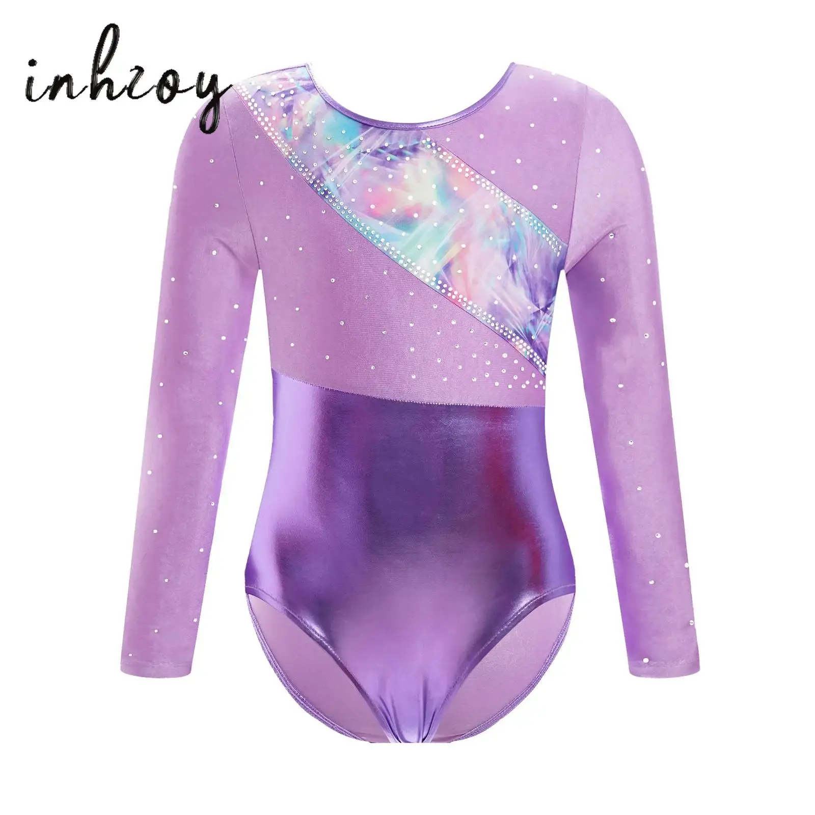 

Kids Girls Gymnastics Leotards Bodysuit Bronzing Long Sleeves Ballet Dance Unitard Workout Figure Skating Performance Jumpsuit