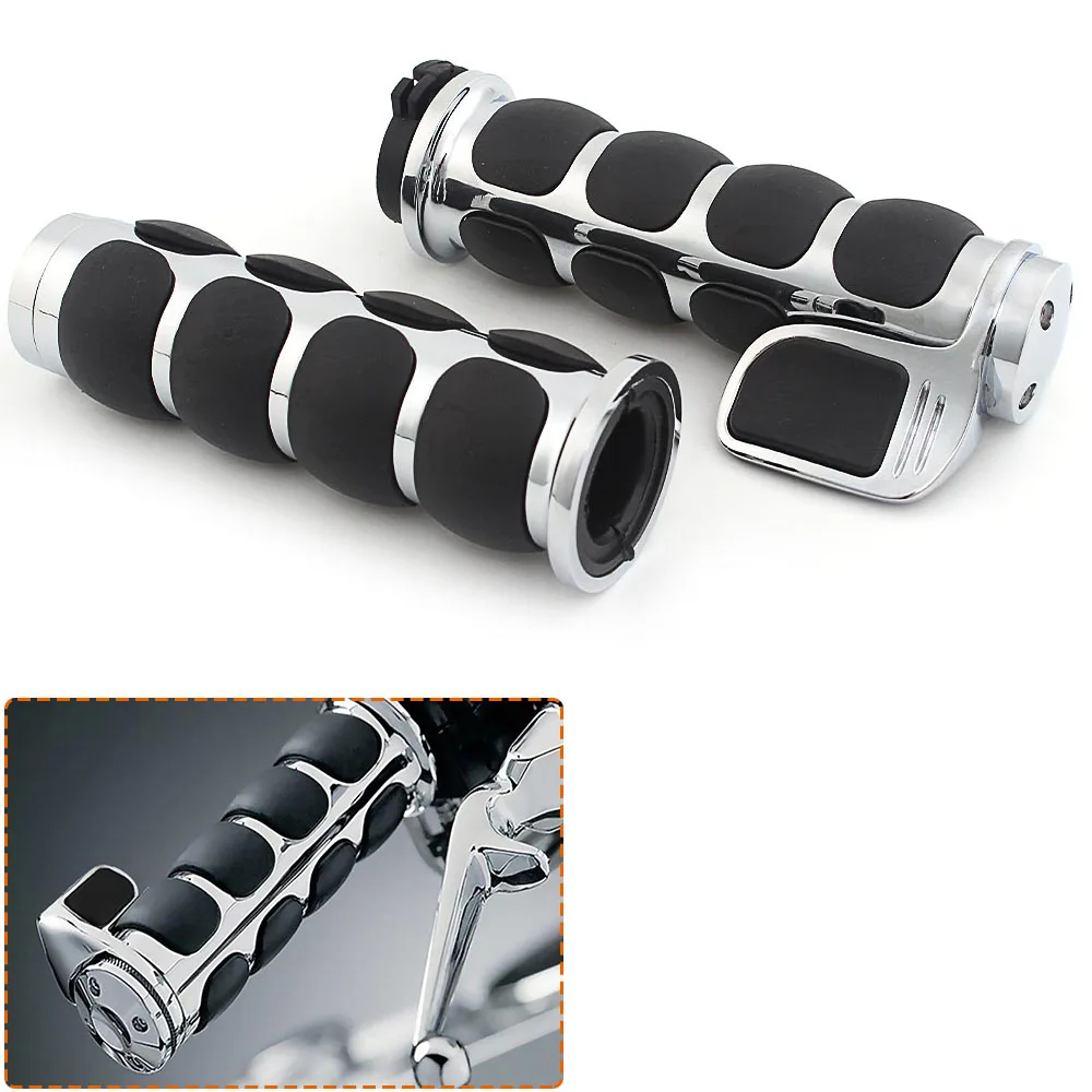 1 Pair Chrome & Black Motorcycle Handle Grips 26mm For Harley All Models 1970-2012 with 1