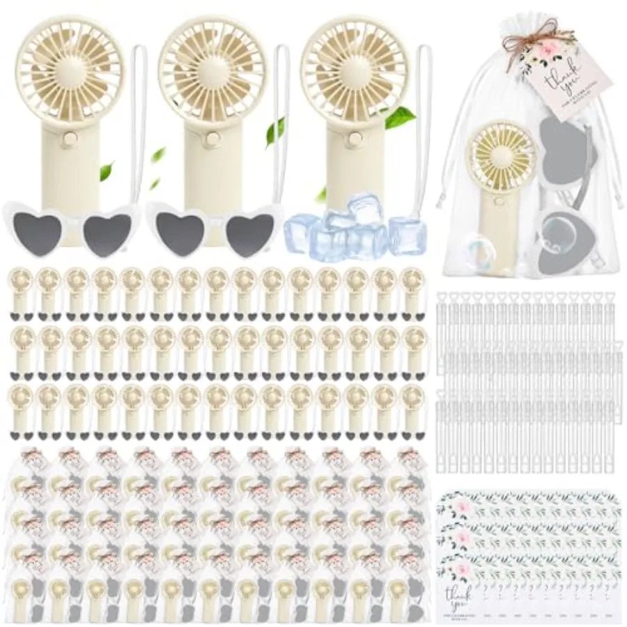 

Summer wedding favors: 50 sets of mini handheld fans, heart sunglasses, bubble wands, thank-you cards, and organza bagslightwei