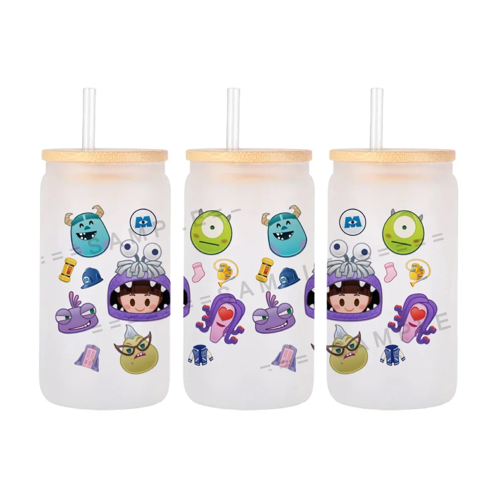 11x24cm nuevos diseños Monster Disney Libbey 16oz lata de vidrio 3D impermeable UV DTF café Libbey pegatina de envoltura de taza de vidrio