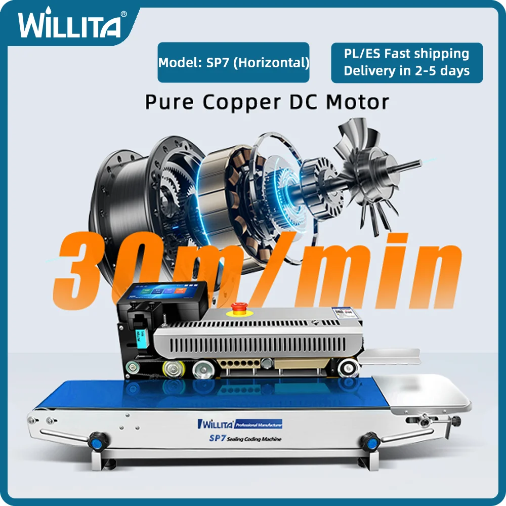 WILLITA SP7 Verpackungs- und Siegelmaschine mit 12,7-mm-Tintenstrahldrucker, kontinuierlichem Band für Plastiktüten, Druck von Haltbarkeitsdatum und Chargennummer