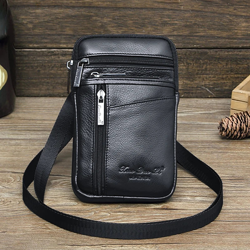 Mężczyźni Mini Crossbody Shoulder Fanny Waist Pack Genuine Leather Cell Mobile Phone Case Male Messenger Hook Belt Bag Purse — zdjęcie 2