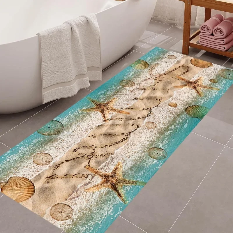 Beach Starfish Seashell Runner Rug Soft Non-Slip Long Floor Mat Realistic Ocean Sand Footprint Pattern Carpet for Hallway