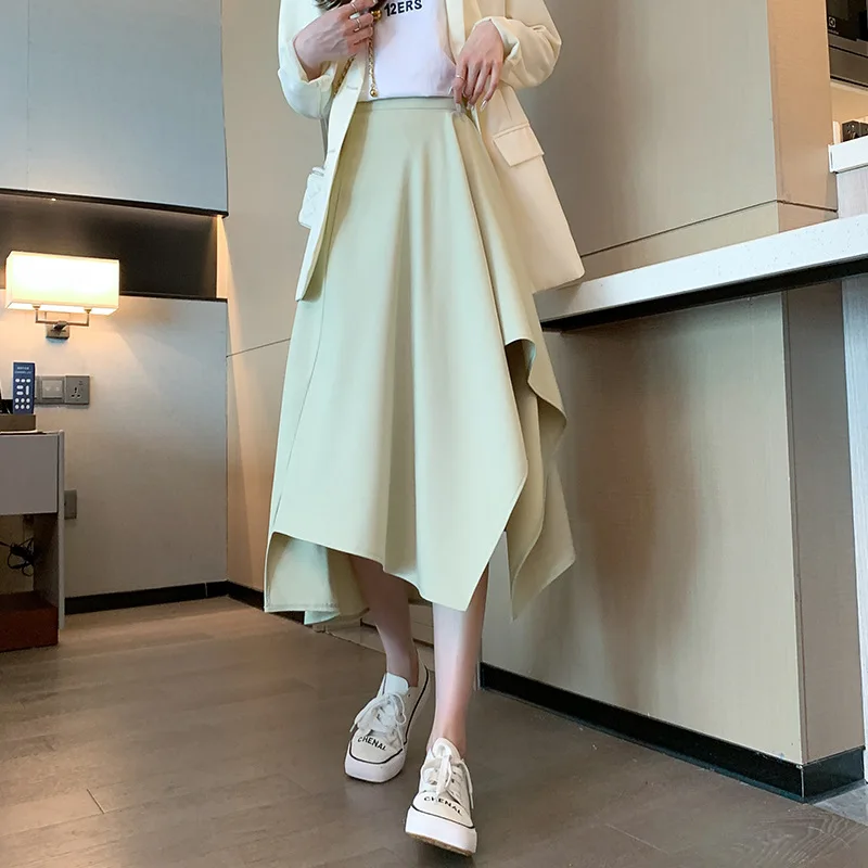 Moda Gonne irregolari nere Donna Autunno Inverno Coreano Gonne larghe a vita alta per donna Gonna a metà polpaccio con cerniera femminile