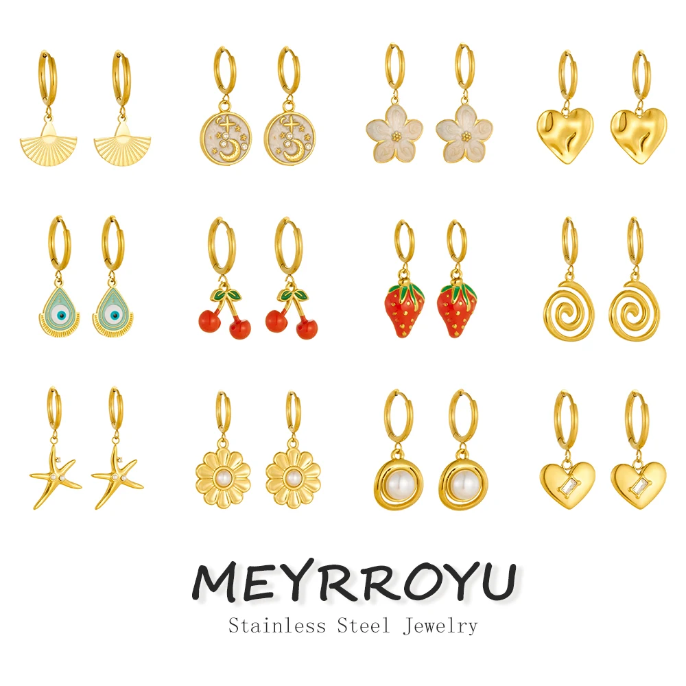 MEYRROYU 316L Stainless Steel Golden Geometric Irregular Heart Wants Strawberries Pendant Earrings Lady Trend Non-fading Jewelry