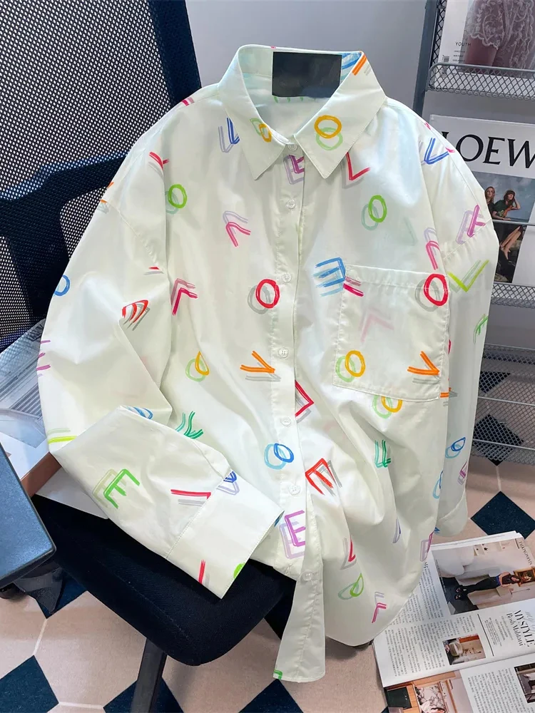 

Korean Blouse Fashion Design Casual Female Elegant All Match Spring Tops Letter Print Cute Shirts Women Loose Long Sleeve