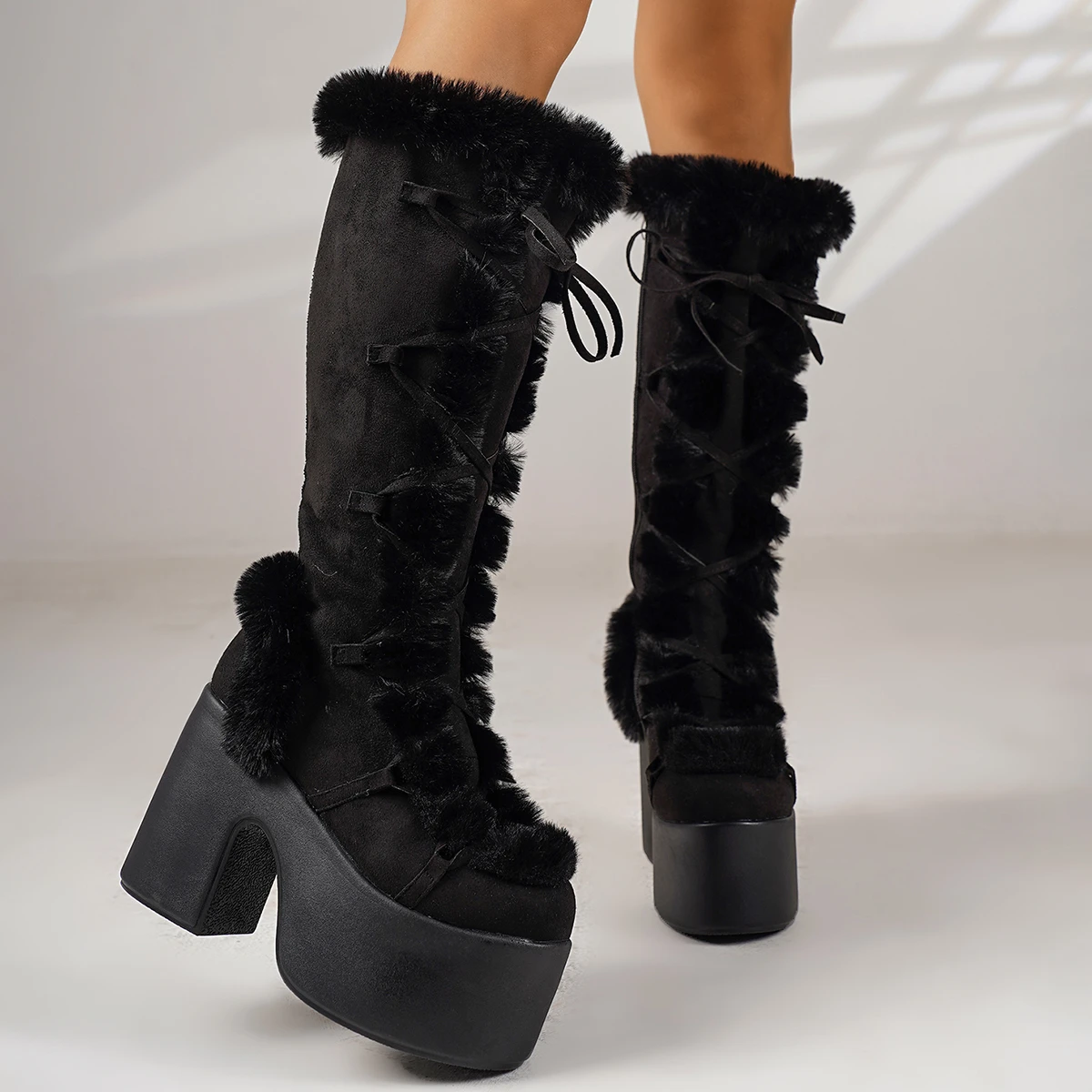 

New Winter Women Snow Boots Platform Wedge High Heel Faux Fur Lady Shoes Female Plush Warm Non-slip Mid Calf Boots Goth Shoes