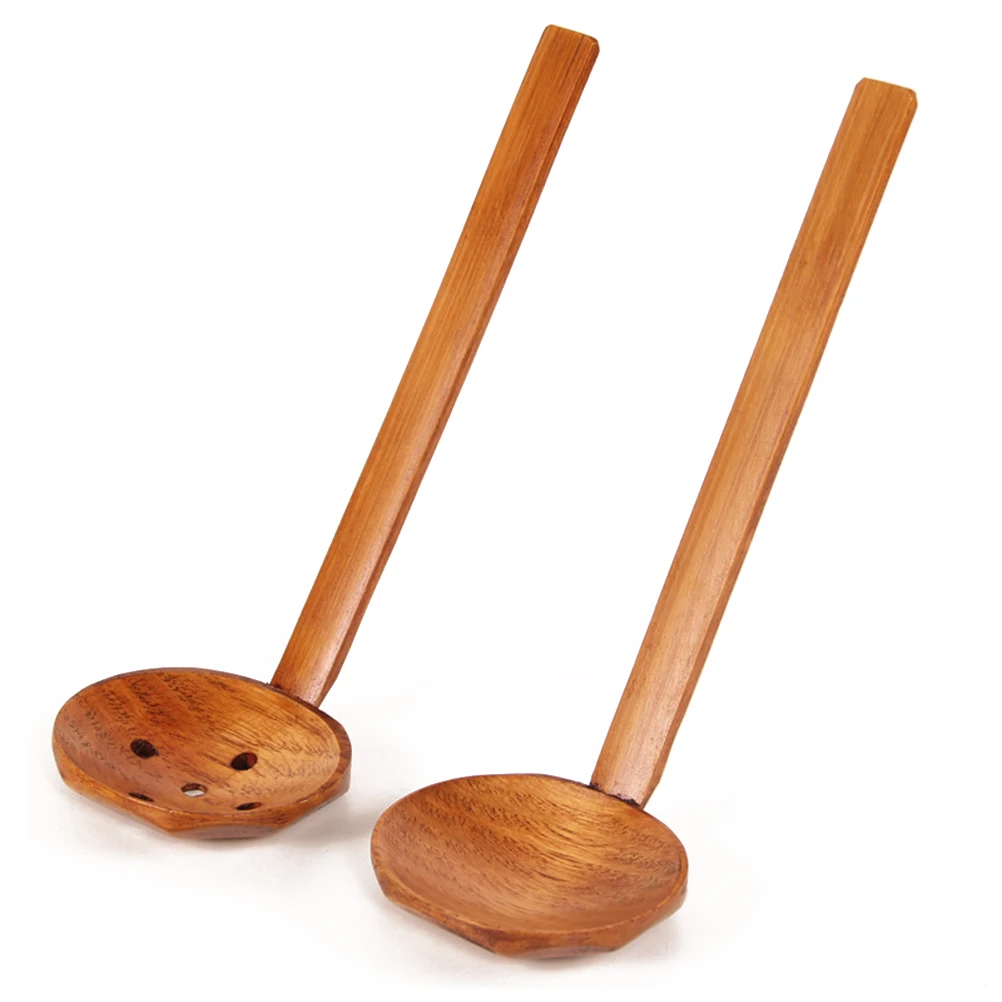 

2pcs Wooden Soup Ladle Long Handle Cooking Spoon Eco Friendly Mixing Tool Bamboo Colander Ramen HotPot Utensil NonToxic