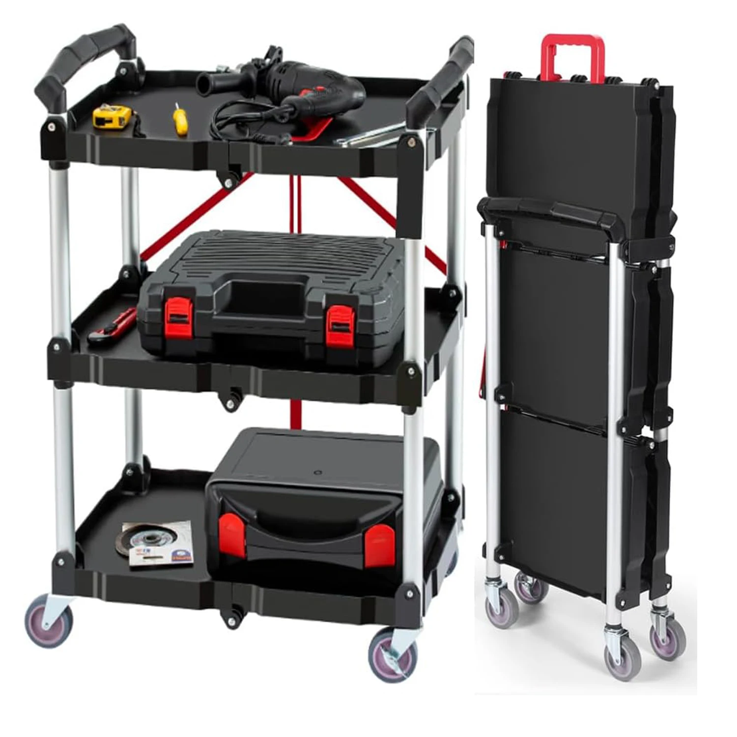 Foldable Utility Service Cart,3 Shelf 165LBS Heavy Duty Rolling Cart with 360° Swivel Wheels (2 with Brakes)