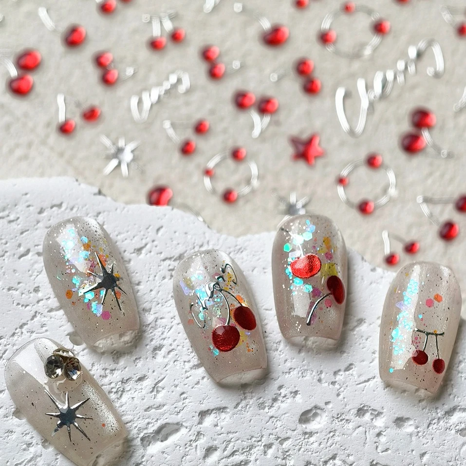 素敵なミニレッドチェリーゼリースターサンフルーツチャーミングシルバー 3D 5D 自己粘着ネイルアートステッカーかわいいマニキュアデカール卸売