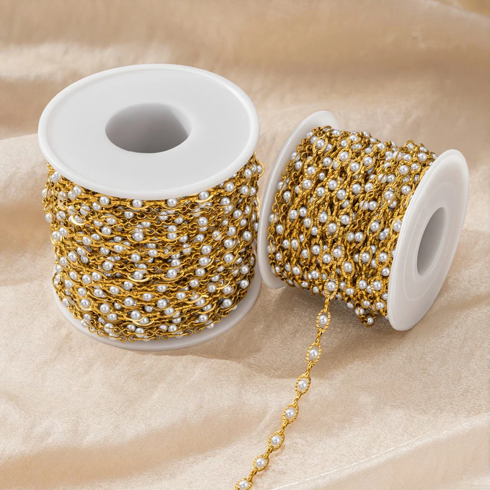 0,5 Meter/1 Meter Künstliche Perlenkette mit Bösem-Auge-Anhänger für Schmuckherstellung, Goldene Edelstahlketten, Großpackung DIY Bastelzubehör für Halsketten – Detail 6