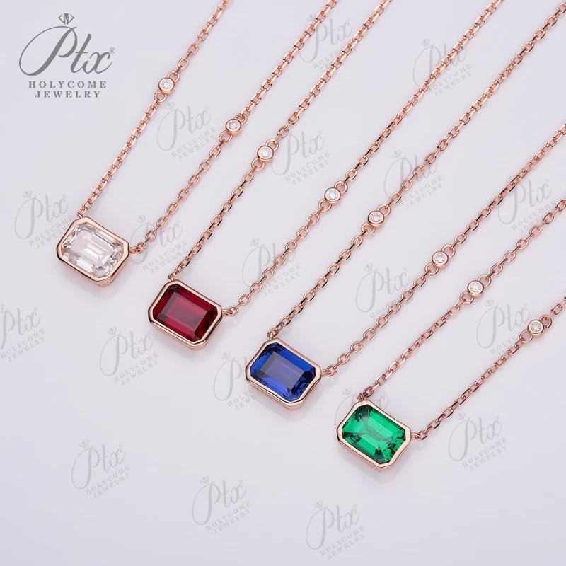 925 Sterling Silver Plated 18K Pendant Necklace Jewelry Lab Grown Gem Emerald Cut Moissanite Lab Ruby Emerald Sapphire Jewel
