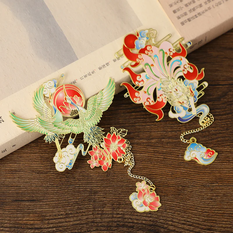 Chinese Dragon and Phoenix Brass Metal Bookmarks Vintage Book Marks Decor Metal Label Pendan for Special Holiday Women