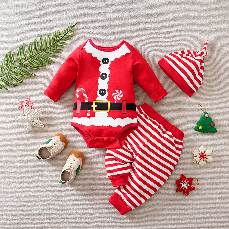 

Christmas Autumn 100% Cotton Baby 3PCS Triangle Jumpsuit Trousers Hats Stripe Knitted Newborn Boy Girl Festival Party Soft Cute