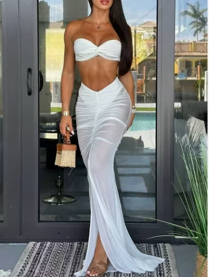 CPSYMYM Two Piece Set Women Outfit Summer Solid Color Bandeau Camisole Corset Sexy See Through Mesh Splicing Split Skirt S