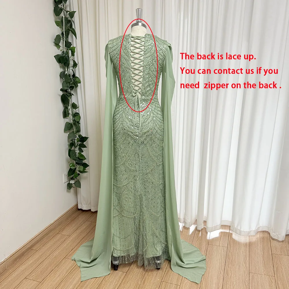 Eshaut&bridal Elegant Beaded Mermaid Evening Gown with Chiffon Cape Sleeves Pearls Formal Prom Dress for Women 2026 Customized