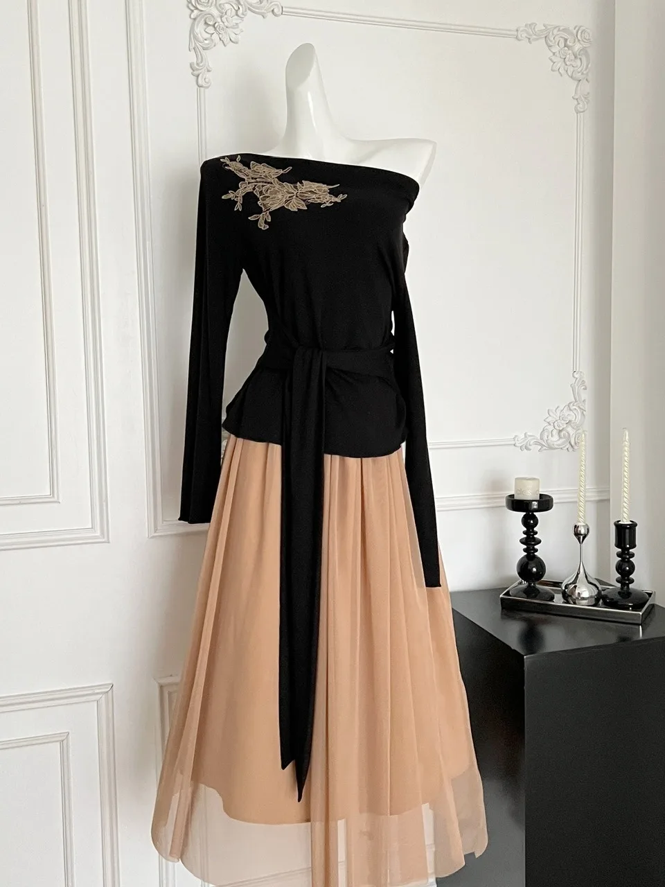 

Ele Embroidered Heavy Work Long Sve Me f Skirt Set Women's Autumn Faion Two-Piece Suit oulder Baring Waist Ci...