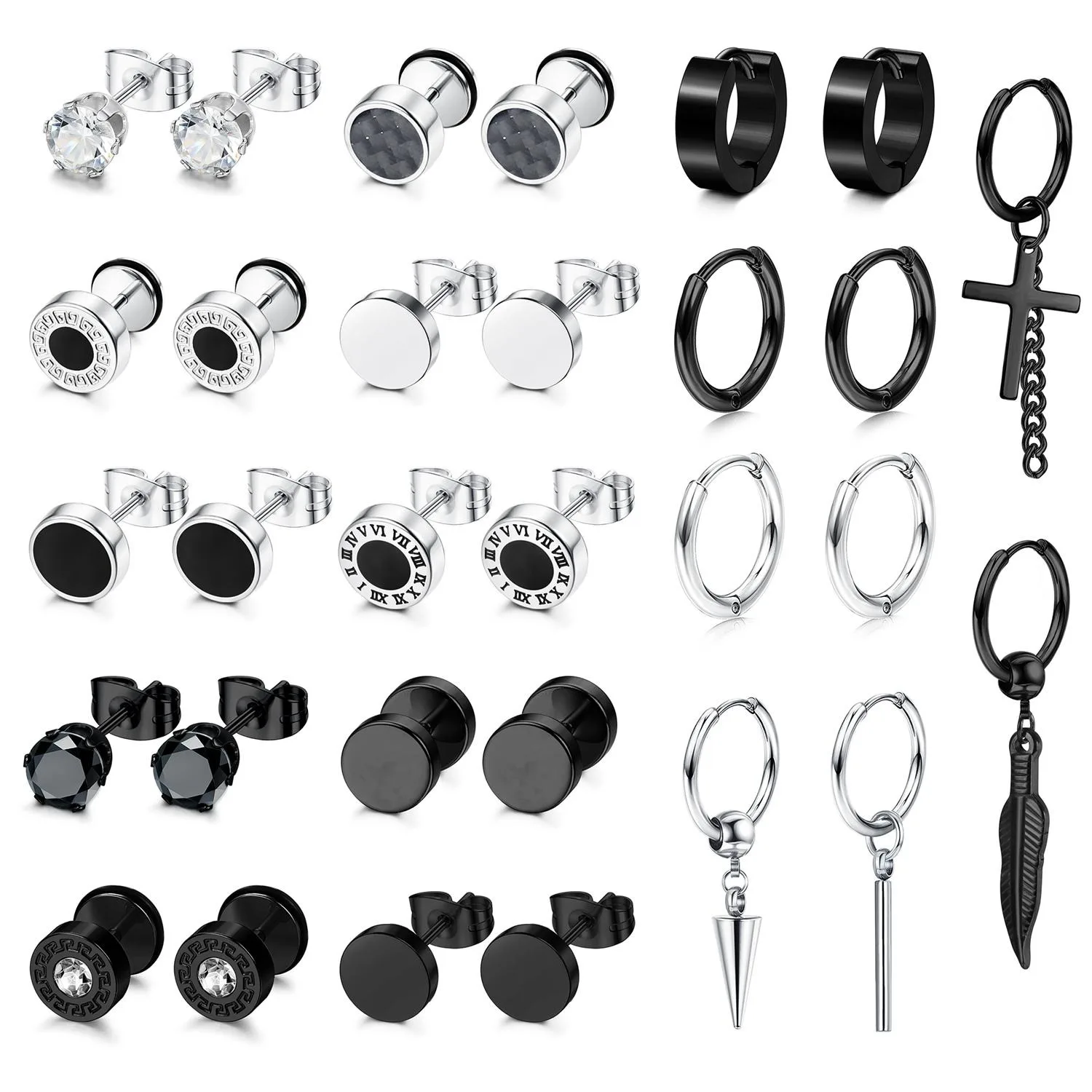 

30Pcs Gothic Earrings for Men Stainless Steel Earrings Set Cubic Zirconia Round Stud Dangle Hoop Earrings Barbell Stud Halloween