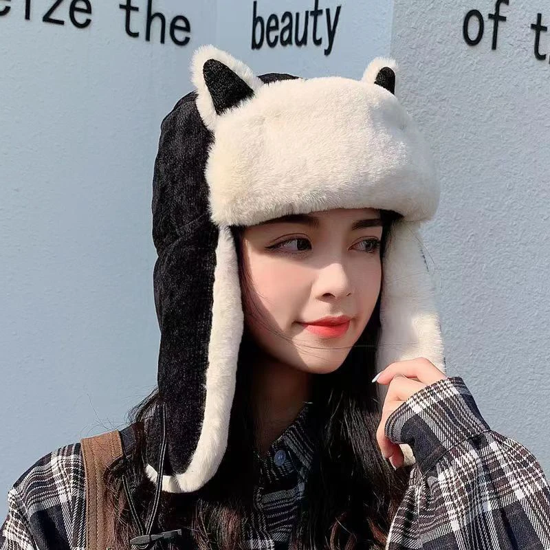 Winter Plush Hat Women Cute Ear Solid Color Outdoor Cap Thicke Plush Earflaps Men Warm Pullover Hats Soft Warm Scarves