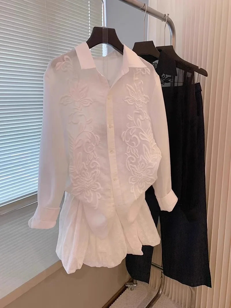 

Faionable Simple White Collar Long Sve irt Casual Leisure Women's Men's Spring Autumn High-End Feeling irt