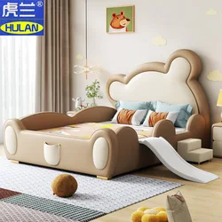 Muebles para niños, Tobogán, cama de niño y niña, barandilla de dibujos animados, forma de cabeza de cama de oso, cama juvenil moderna, caja alta