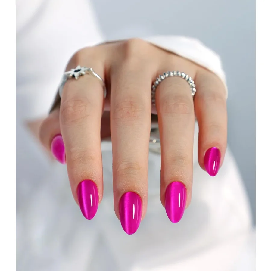 

Ярко-розовый пресс для ногтей Cateye Soft Gel Cat Eye Stick on Nails Short Almond Press Ons Яркий неоновый розовый салонный класс Накладные ногти f