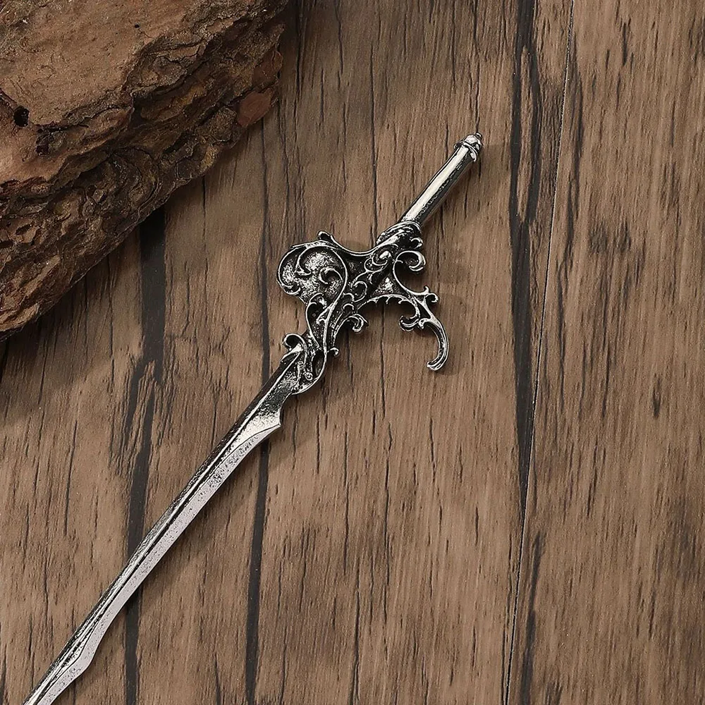 1pc Vintage Carved Sword Shaped Hairpin Made Old Metal Complex Rolled Grass Pattern Sword Handle Design Dark Style Hair Styling image 5