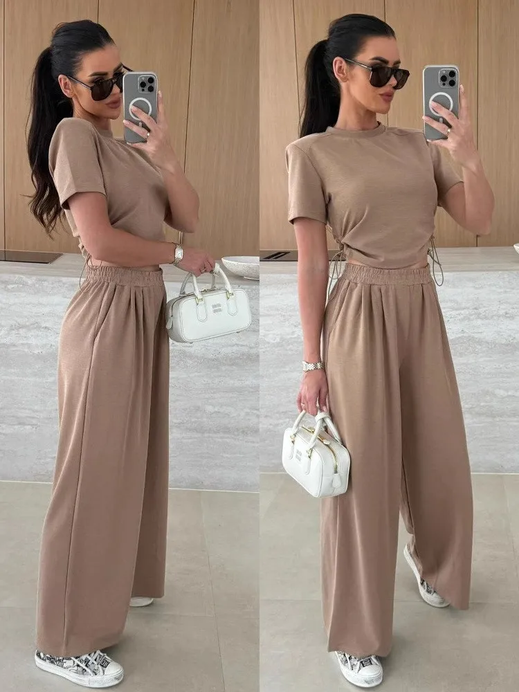 

Women's Summer Casual Two-Piece Set T-Shirt Wide Leg Pants Drawstring Short Sleeve Slim Fit round Neck Top Bottoms Ensemble