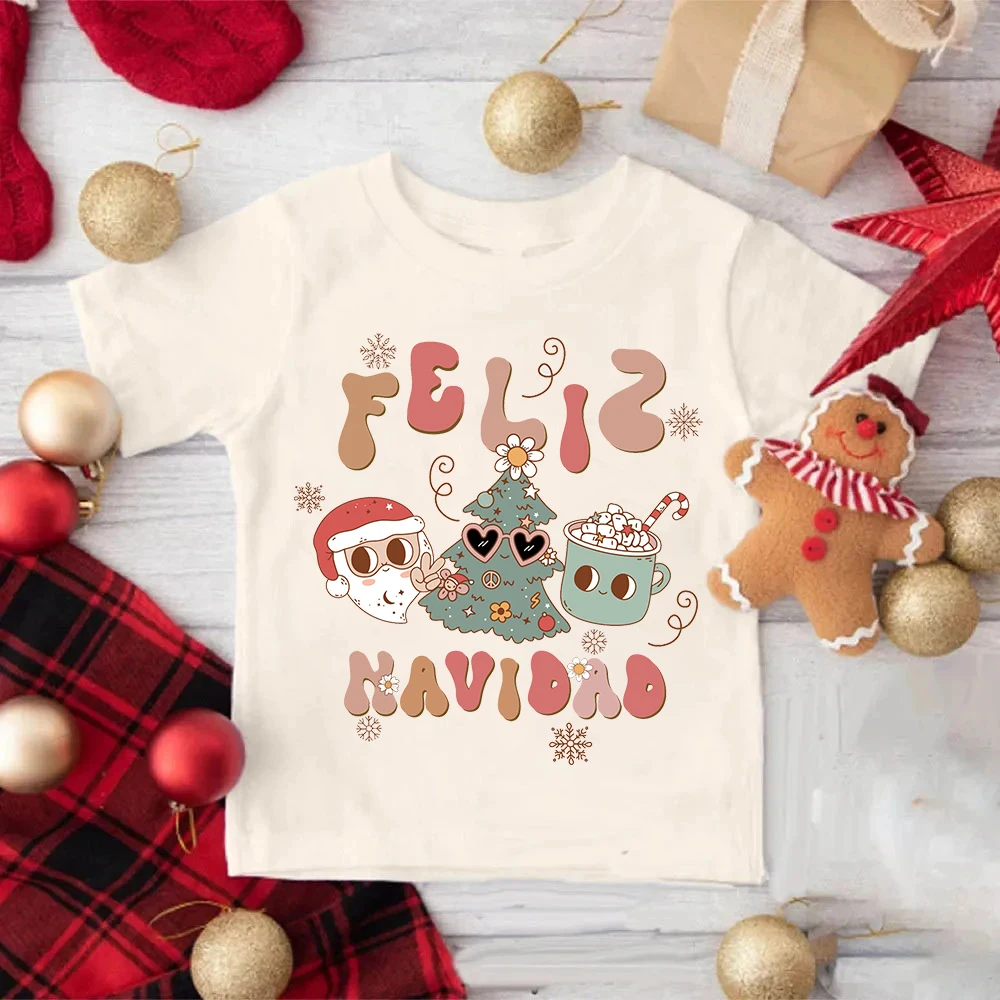 

Merry Christmas Spanish Print Kids Shirt Christmas Party Boys Girls Outfit Tops Child Retro T-shirt Toddler Xmas Holiday Shirts