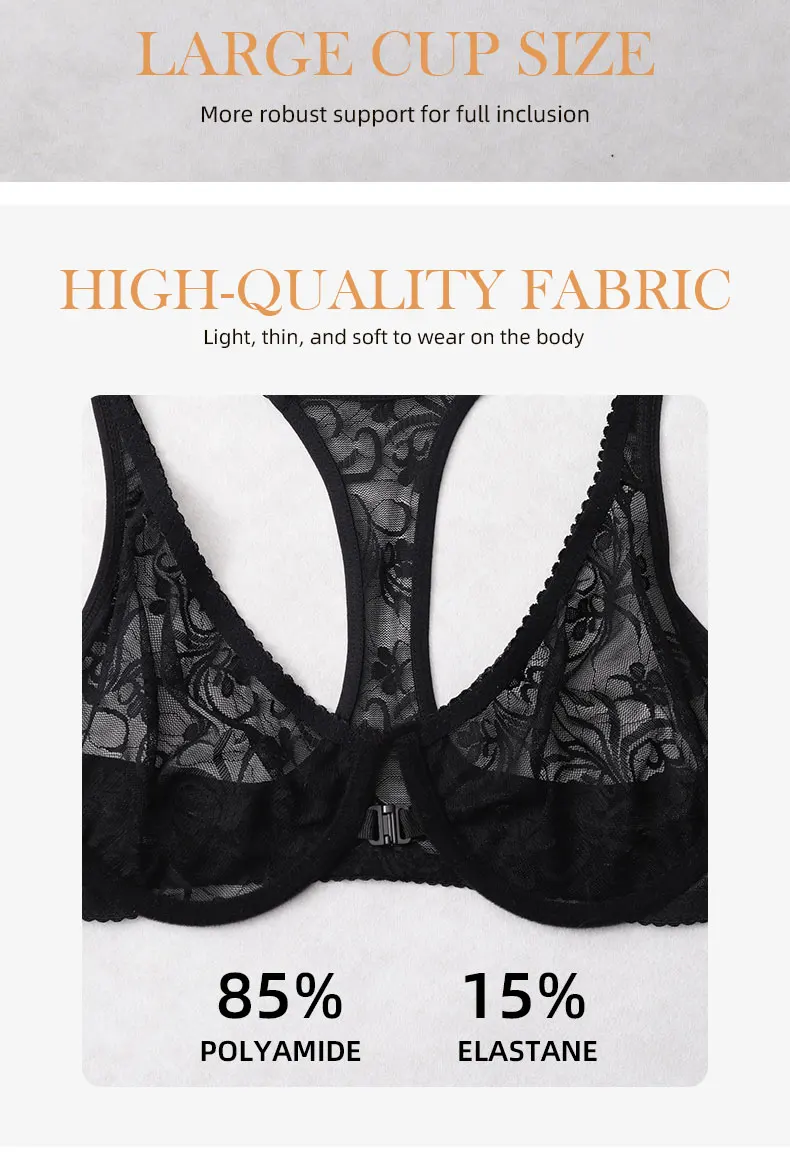 Damen-BH mit Spitze und Knöpfen vorne, Bügel-Unterwäsche, BH-Tops, elegante Stickerei, schöner Rücken, Übergröße, Dessous, Körbchengröße A B C D E F – Detail 5