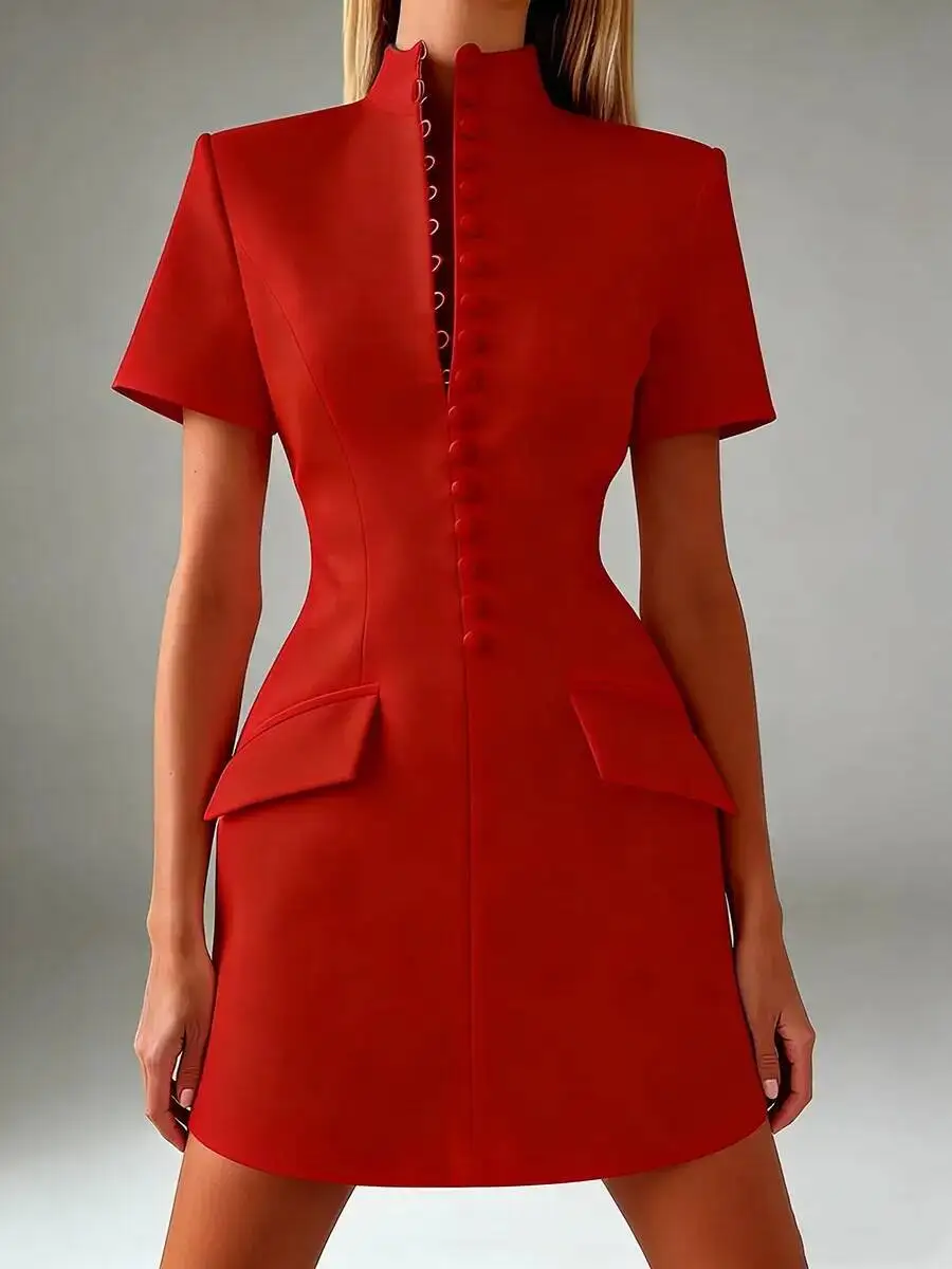 QMQA Fashion Women's Solid Slimming Spliced Single Breasted Minimalist Dresses Stand Neck Short Sleeves Dress Female New QM1303