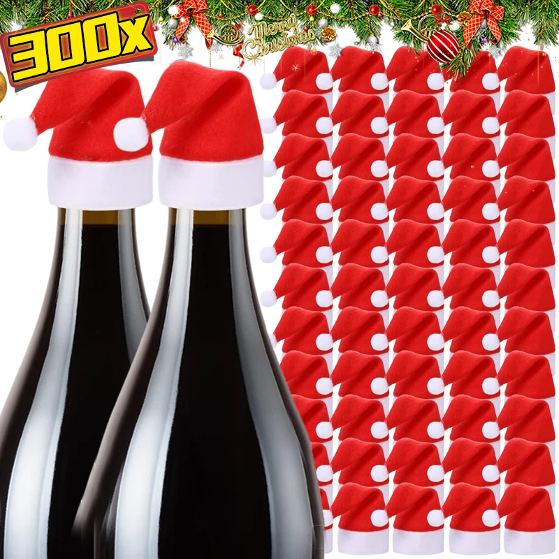 Mini Wine Bottles Cover Santa Hat Lollipop Caps Fork Knife Cutlery Bag Christmas Tableware Holder for Home Xmas Party Decoration