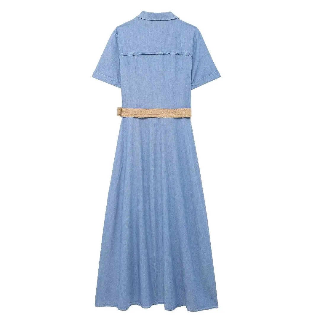 Tangada 2024 Women Blue Denim Midi Dress With Slash Female Loose A-line Dress 3H0550